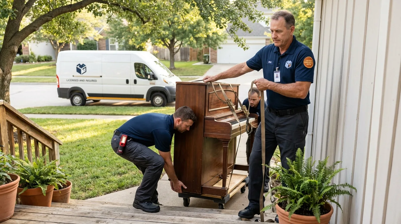 Licensed piano movers securing grand piano in Fort Recovery, OH