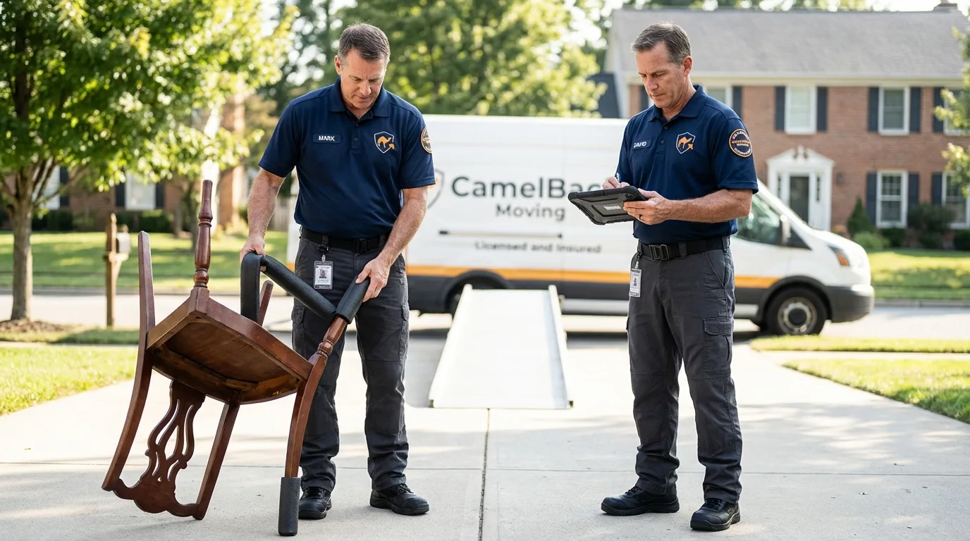 Movers inspecting furniture for damage prevention before loading in Fort Recovery, OH
