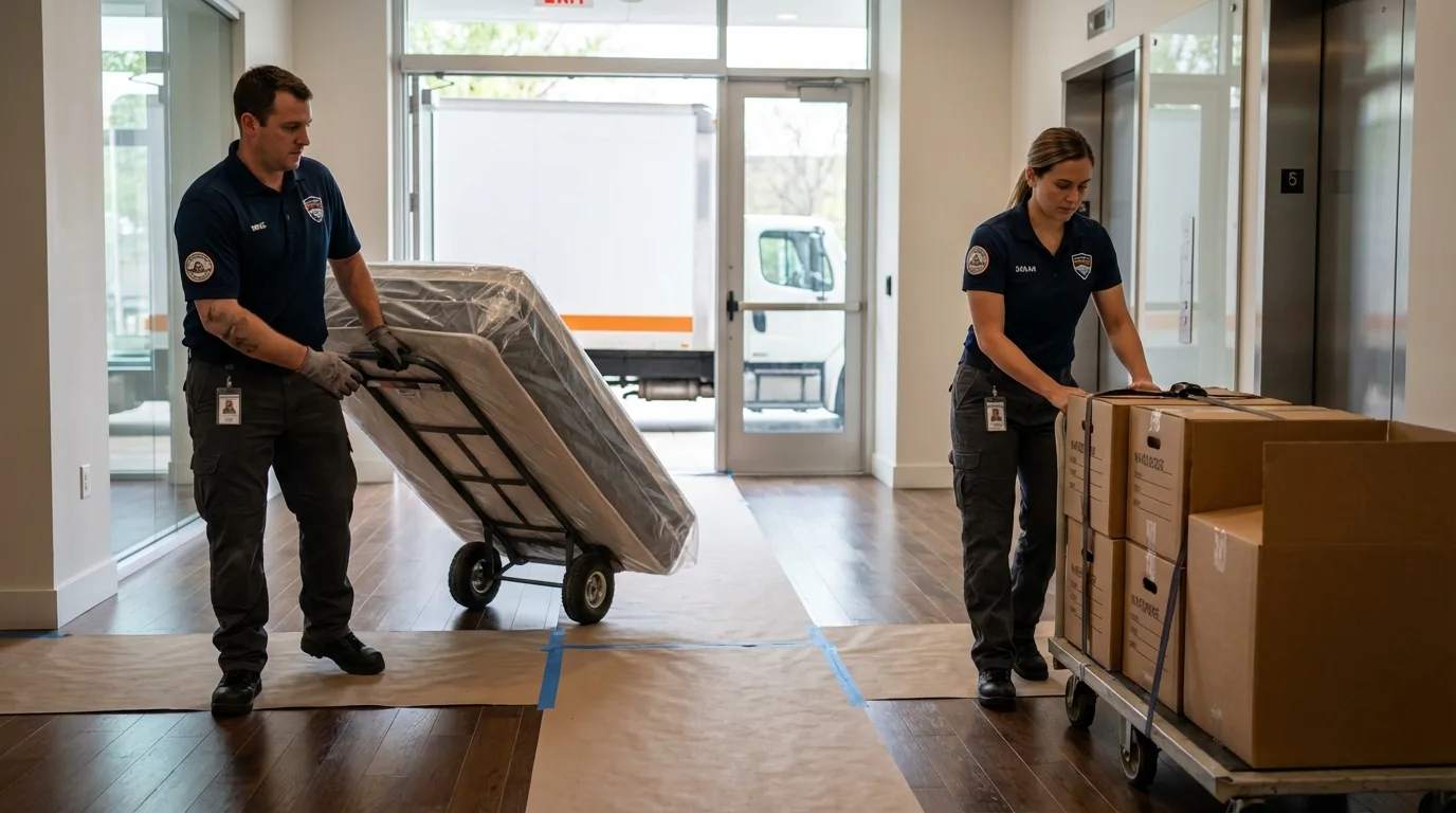 Professional apartment movers loading elevator in Fort Recovery, OH