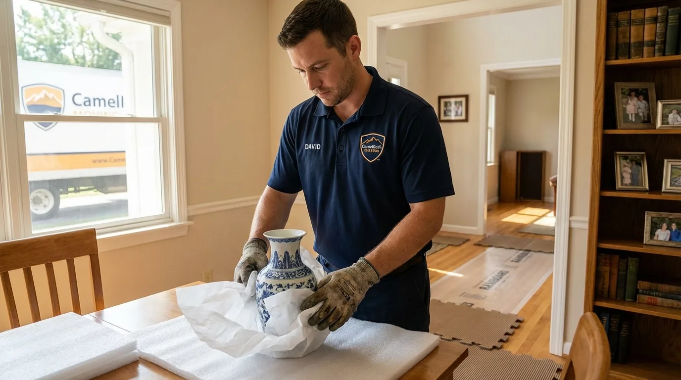 Professional crew carefully wrapping antique vase for senior downsizing move in Fort Recovery, OH